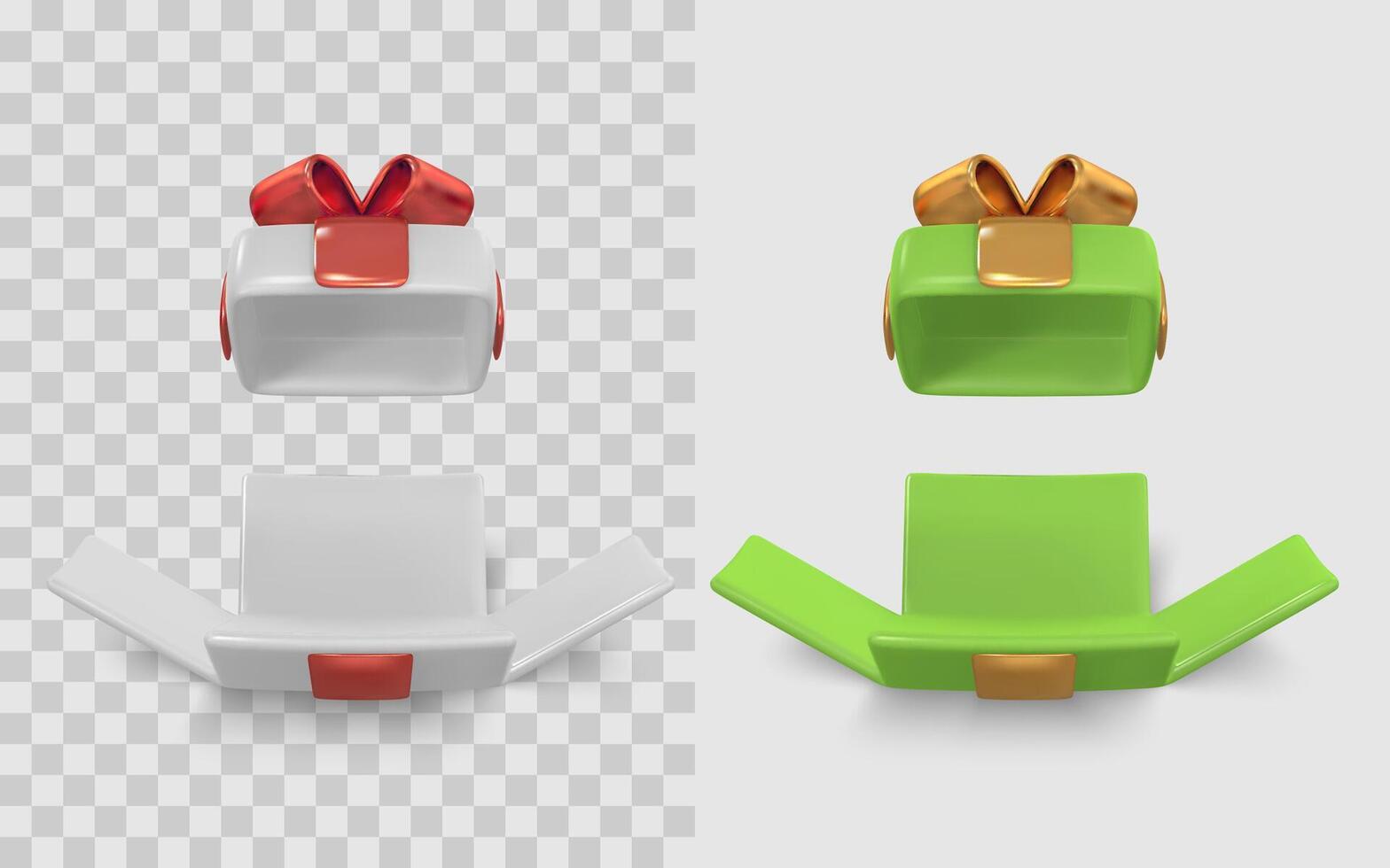 Gift Box Mockup Set with Open and Closed Lid, Realistic 3D Render in Festive Colors with Ribbon, Perfect for Holidays and Celebrations. Illustration vector