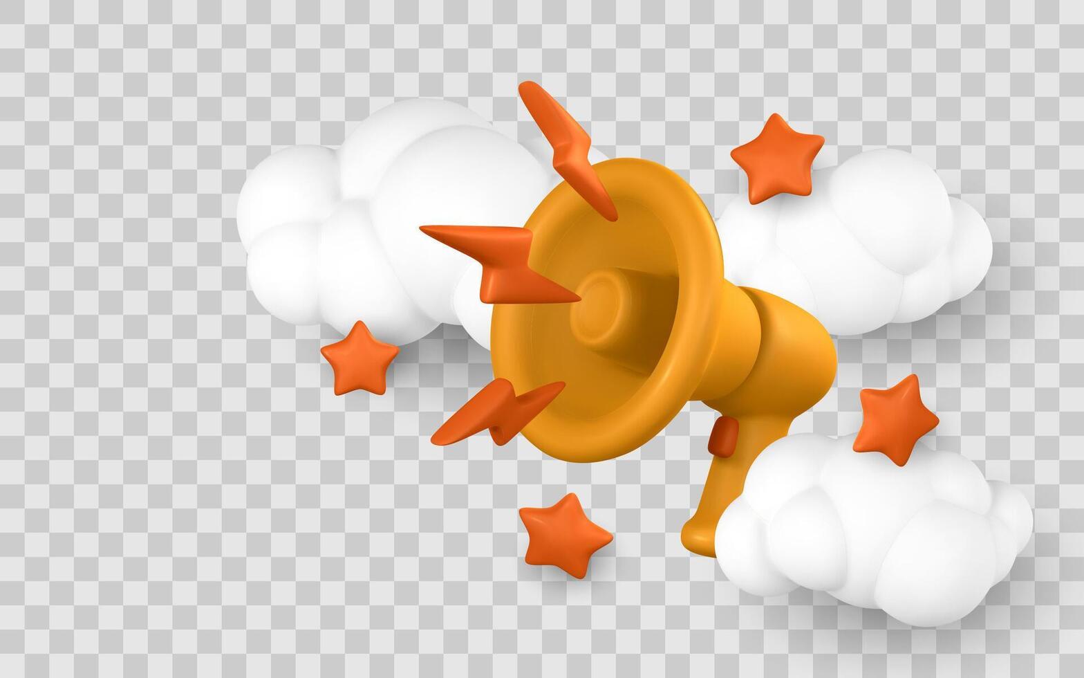 3D Megaphone with Cloud and Star Elements, Bright Announcement Concept in Cartoon Style for Marketing, Communication, and Social Media Themes. Illustration vector