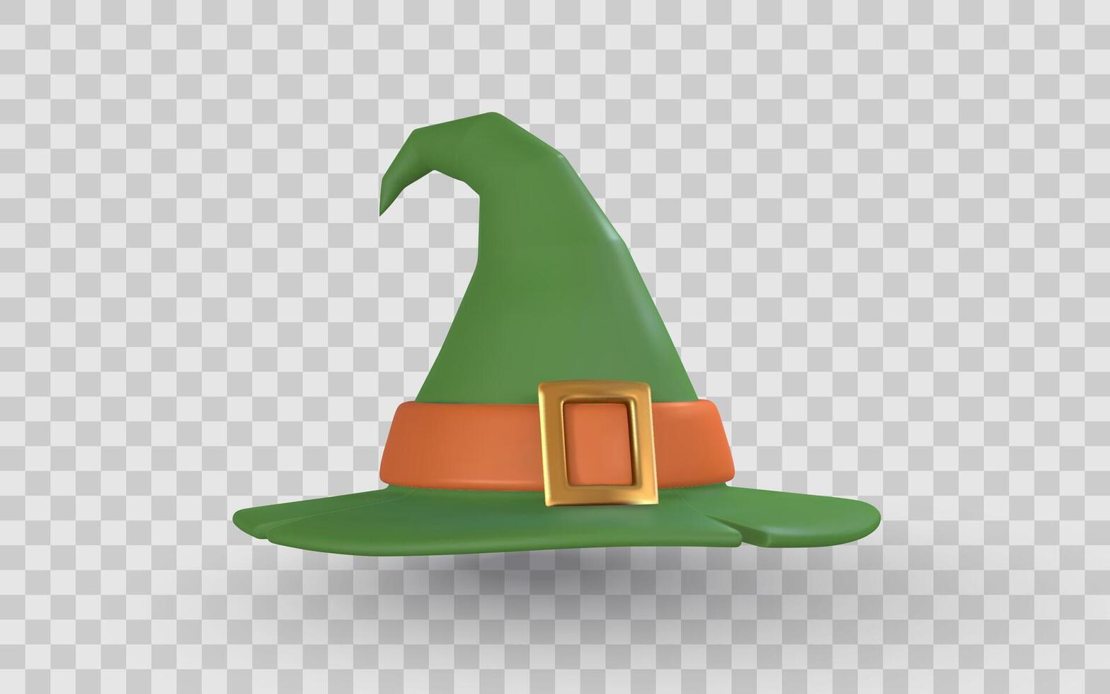Green Witch Hat With Orange Belt and Gold Buckle, Curved Tip, and Cartoon Style, Perfect for Halloween or Fantasy Designs. Illustration vector