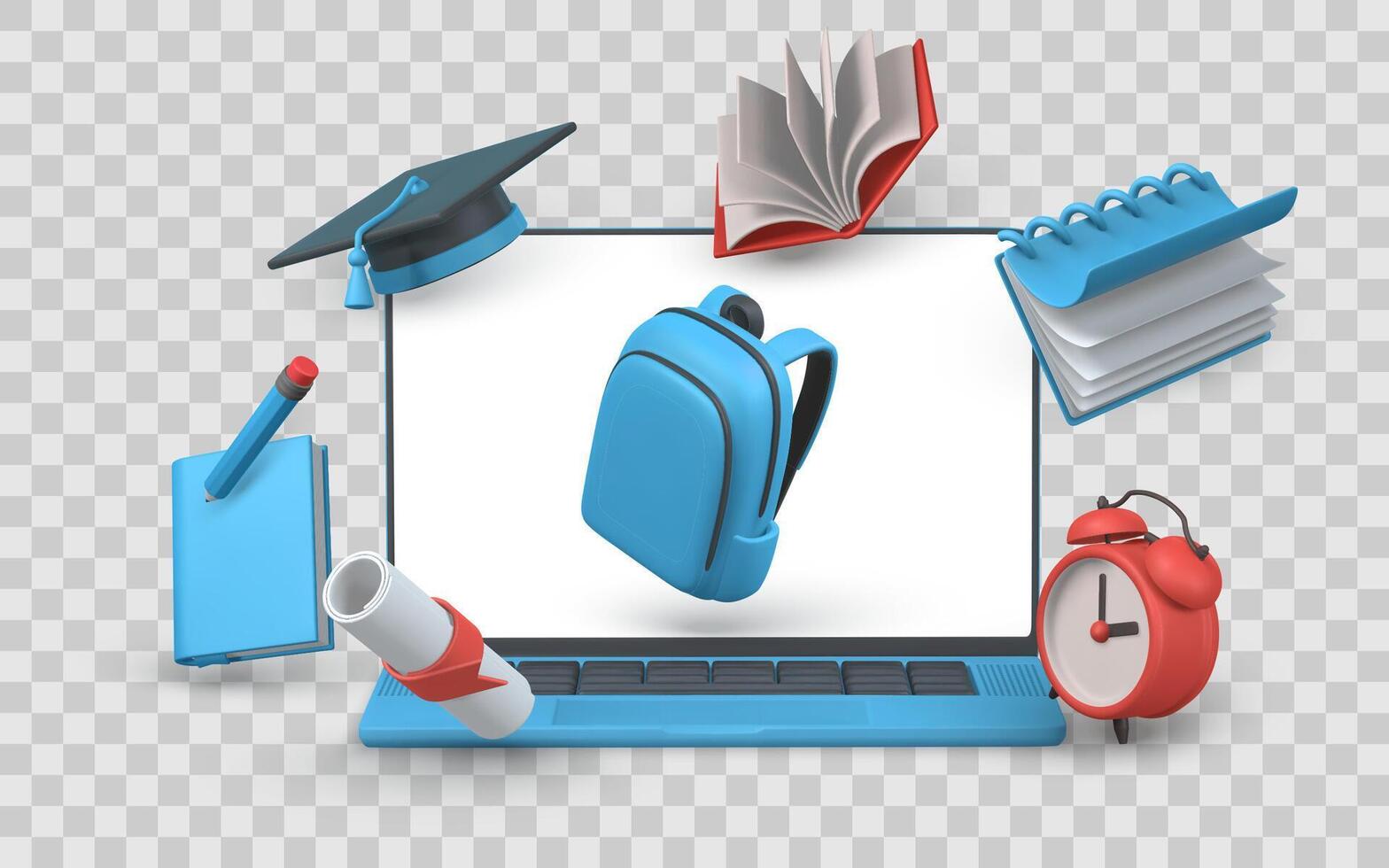 Education Concept With 3D School Supplies Floating Around Laptop Including Backpack, Books, Cap, and Alarm Clock. Perfect for Online Learning and Back to School. Illustration vector