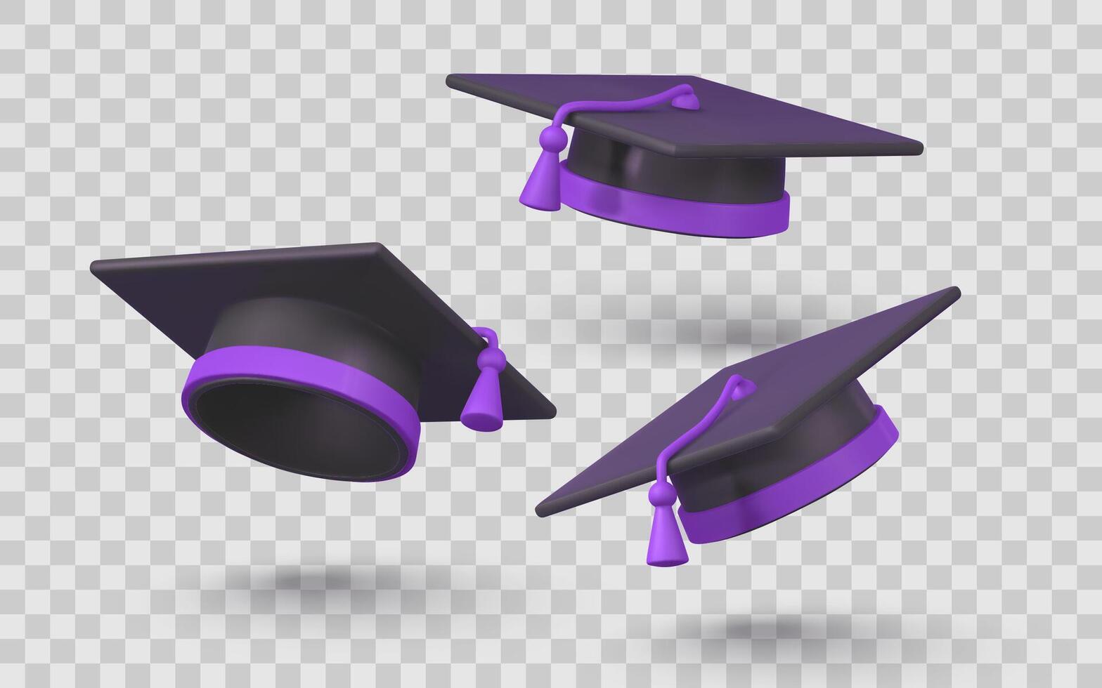 Graduation Cap 3D Icon Set in Cartoon Style Black Academic Hats with Purple Trim and Tassels for School, College, and University Ceremony Designs. Illustration vector