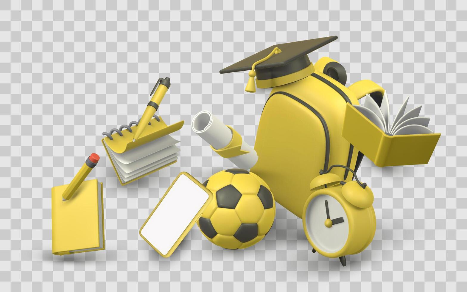 Back To School 3D Icons in Yellow Theme Including Backpack, Clock, Notebook, Diploma, Ball, and Supplies, Illustration vector