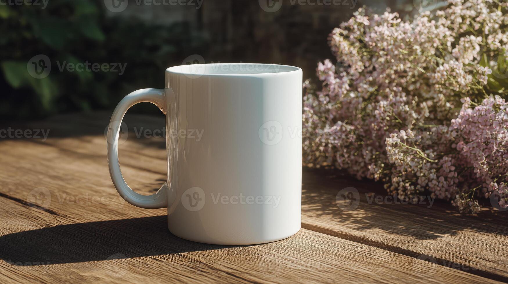 White coffee mug sits on a wooden table next to a bouquet of flowers photo