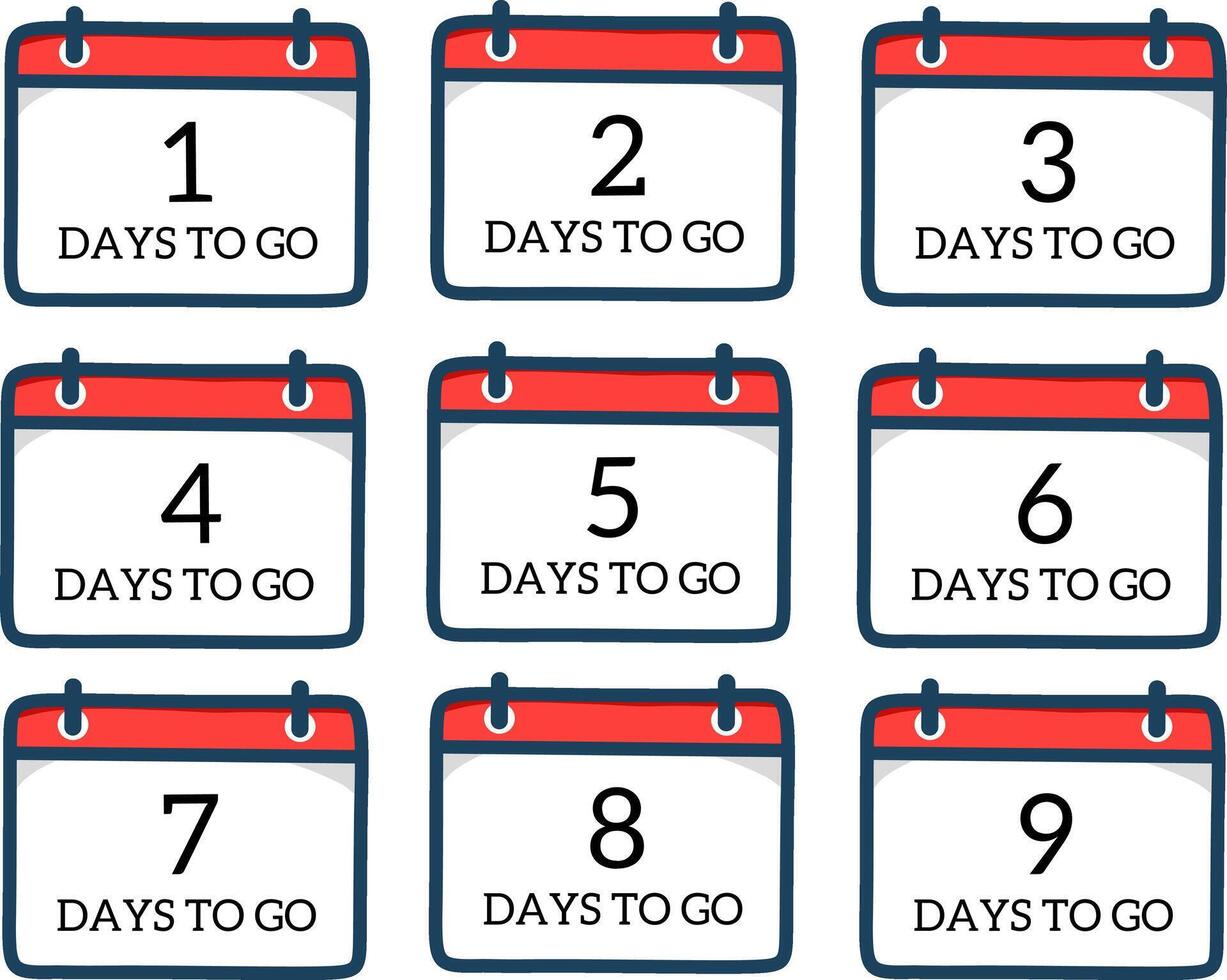 Flat countdown calendar with numbers from 1 to 9 days to go. Colorful illustration for event reminder, promotion, or product launch vector
