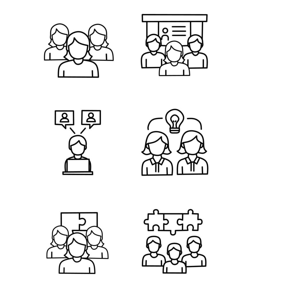 clean line icons representing teamwork, communication, idea sharing, and group discussion. Ideal for business presentations, infographics, websites, and productivity tools vector