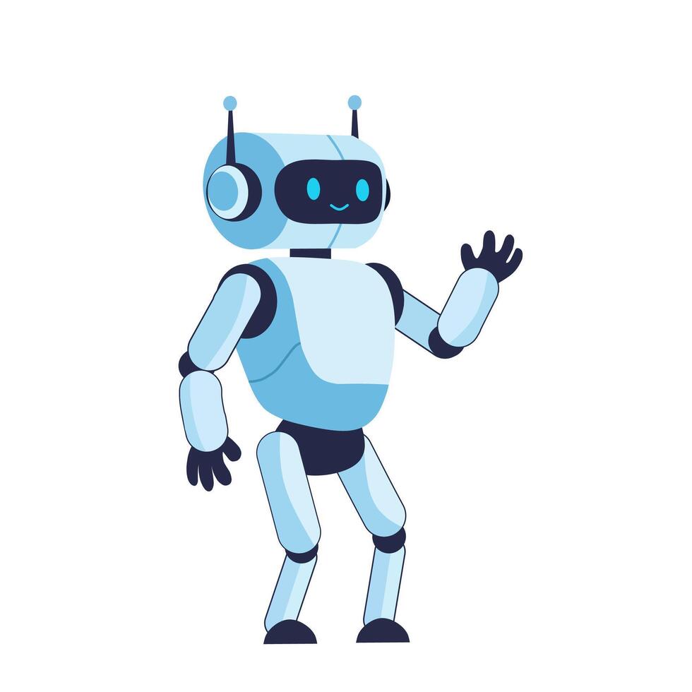 Friendly humanoid robot waving hand. Great for AI concepts, robotics, machine learning, tech interfaces, virtual assistants, or educational tech materials vector