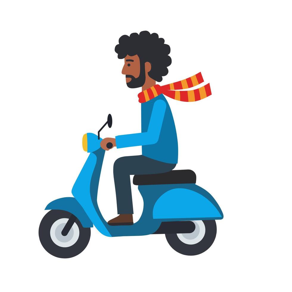 man riding a scooter with a red scarf. Perfect for delivery, transportation, urban life, and travel-themed projects or mobile apps vector