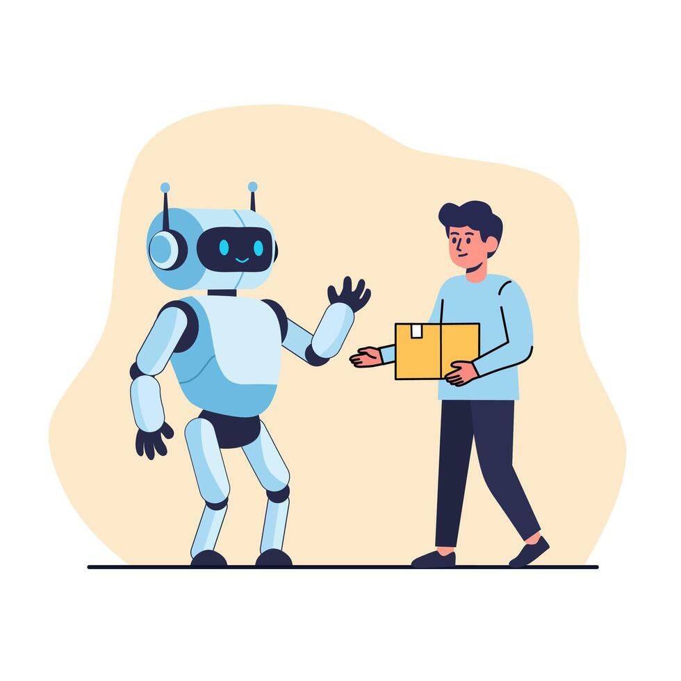 humanoid robot handing a package to a man. Perfect for topics about automation, AI delivery, robotics in logistics, or future technology and services vector