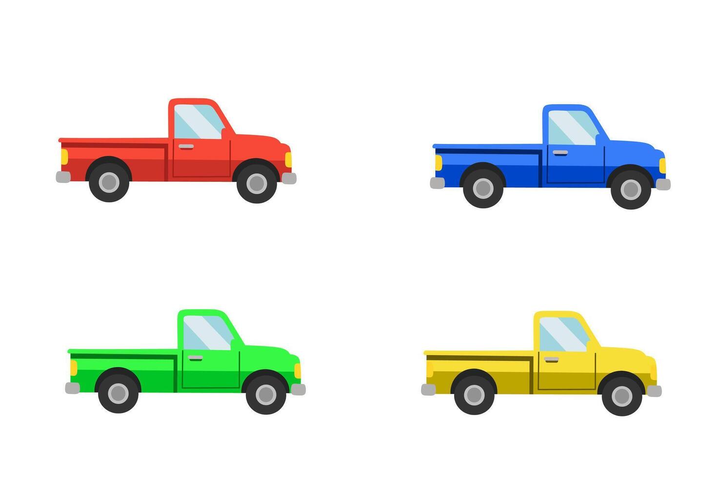 Illustration of four pickup trucks in red, blue, green, and yellow. Flat style side view, suitable for logistics, education, and animation graphic needs. vector
