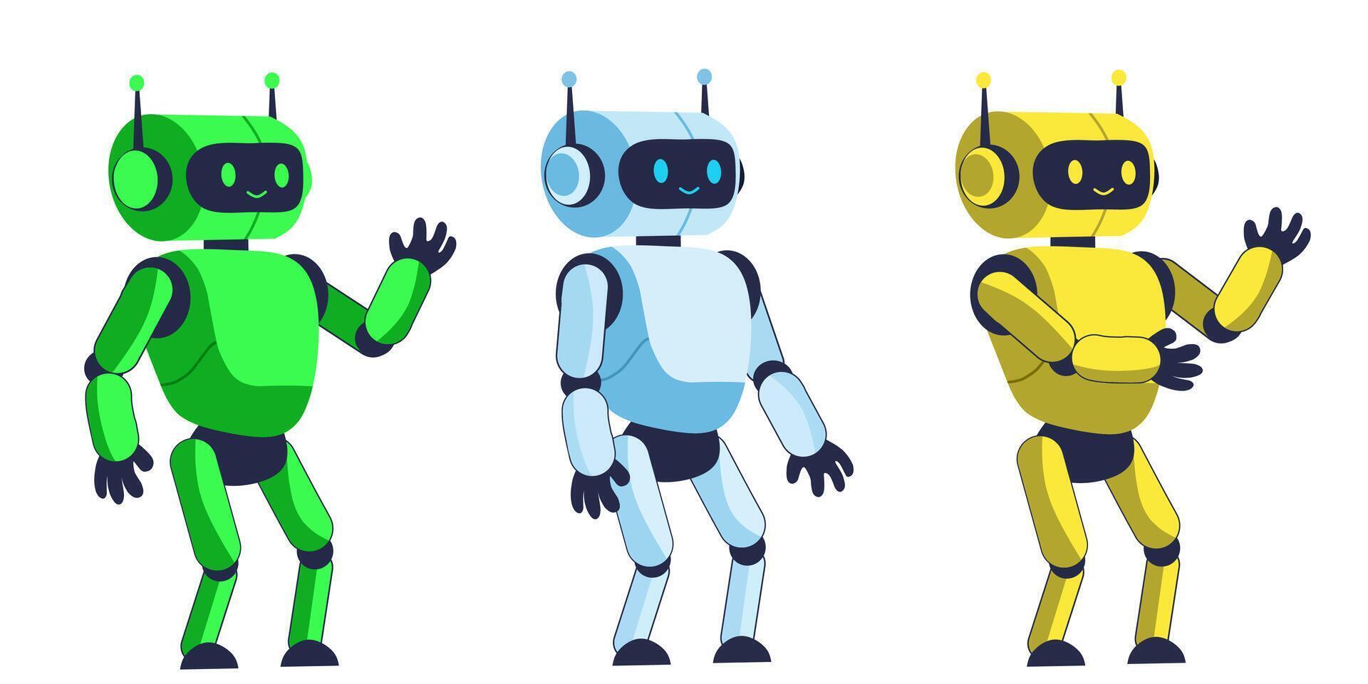 Set of three robots in green, blue, and yellow. These futuristic characters are designed in a flat 3D style with expressive gestures, perfect for tech-related projects, children's content vector