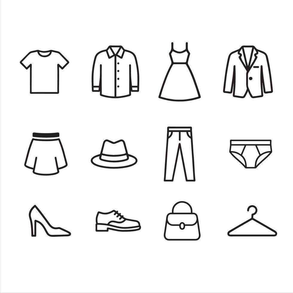 Minimalist Black and White Clothing and Fashion Icons Set for Modern Design, Apparel, and Lifestyle Projects vector