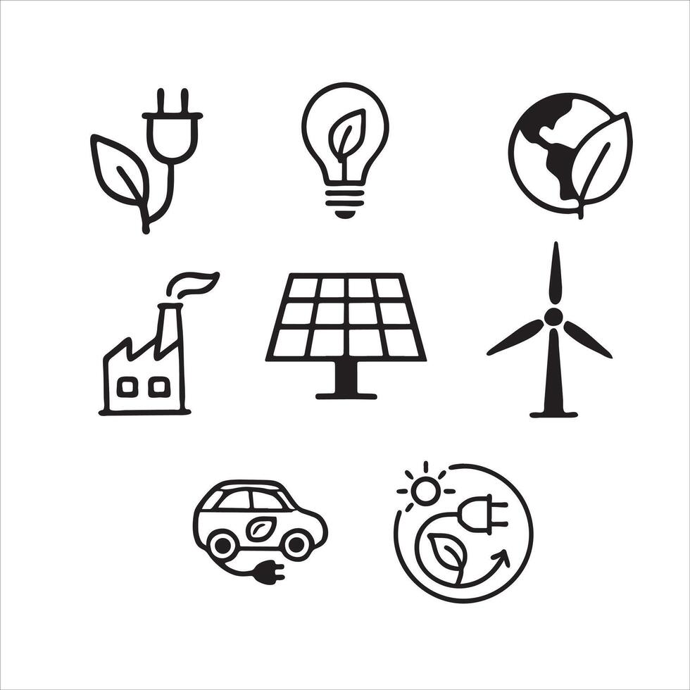 Minimalist Green Icons Sustainable Energy, Eco-Friendly Solutions, and Environmental Protection vector