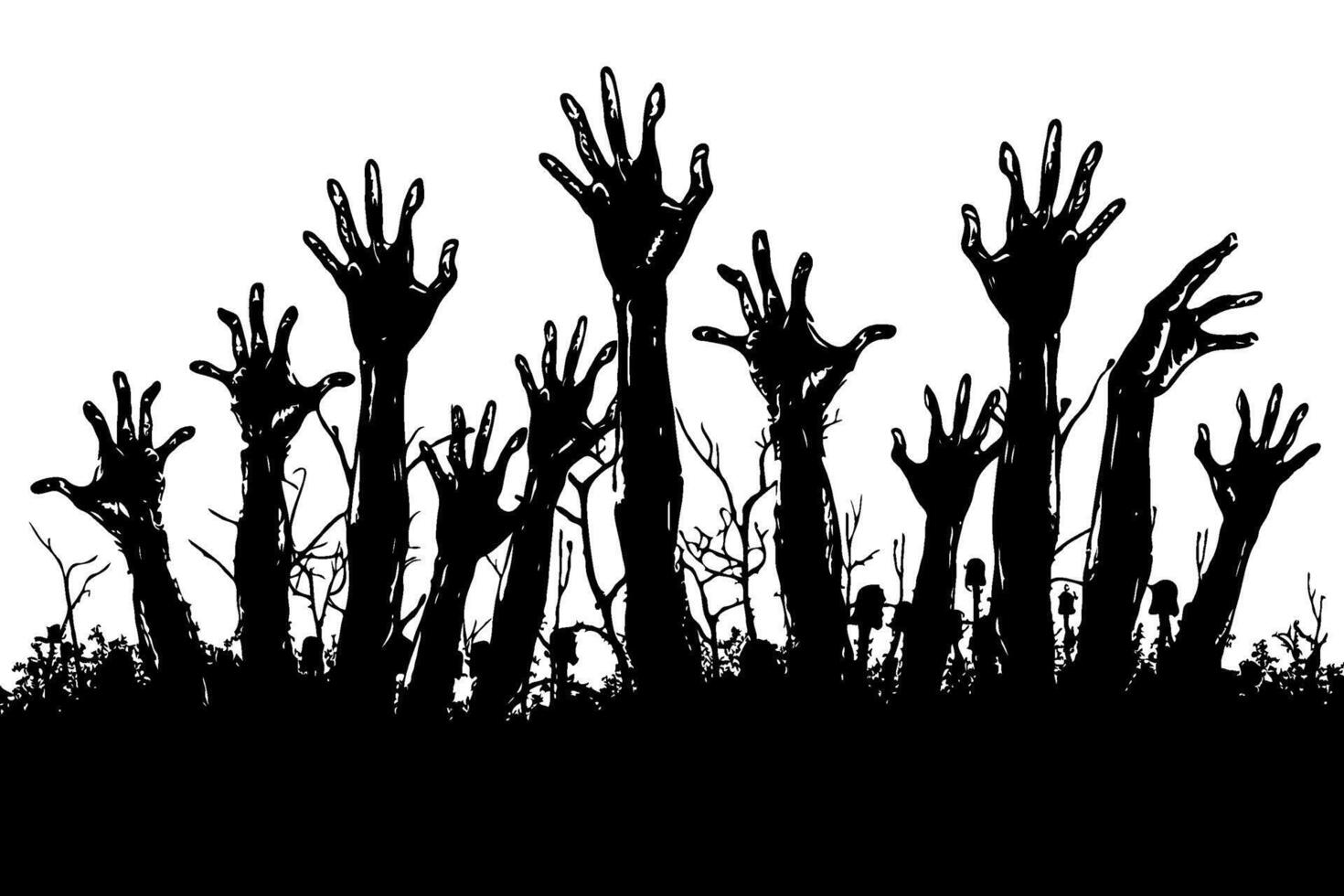 Multiple zombie hands reaching upward in black silhouette style on white background, symbolizing horror, fear, and the undead rising vector