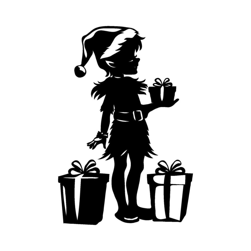 Silhouette of Christmas elf holding gift boxes on white background. vector