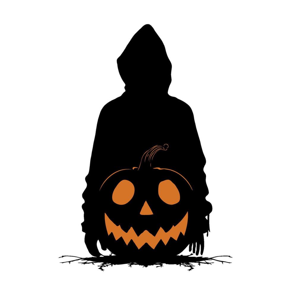 Silhouette person is holding a pumpkin with a smile on their face. illustration vector