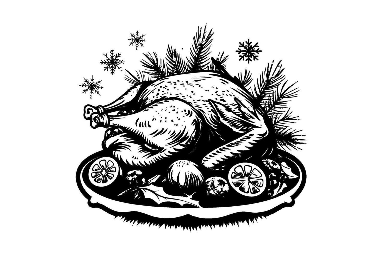 Black and white illustration of a roasted turkey with garnish, surrounded by pine branches and snowflakes, on a white background vector