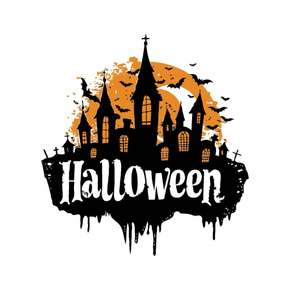 Illustration of a spooky castle with bats and a full moon in the background. Halloween-themed design. Black and orange color scheme on a white background vector