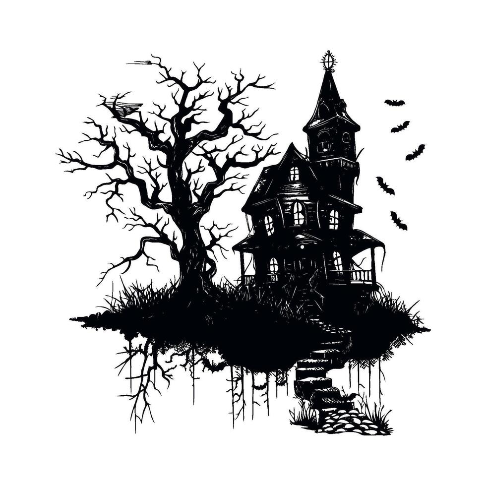 Halloween house with bats flying around it. The house is surrounded by trees and there is a staircase leading up to it. silhouette isolated on white background. vector