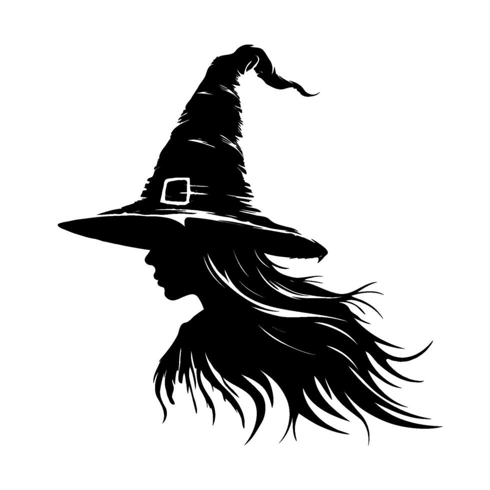 Halloween witch with long hair and a black hat on white background. illustration. Scene is mysterious and magical vector