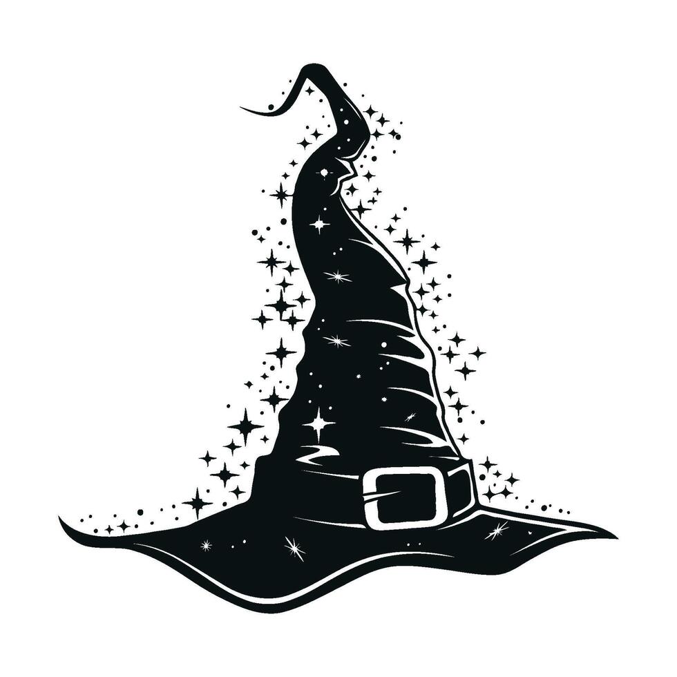 A black witch's hat with a pointed top and a black belt on white background. illustration. vector