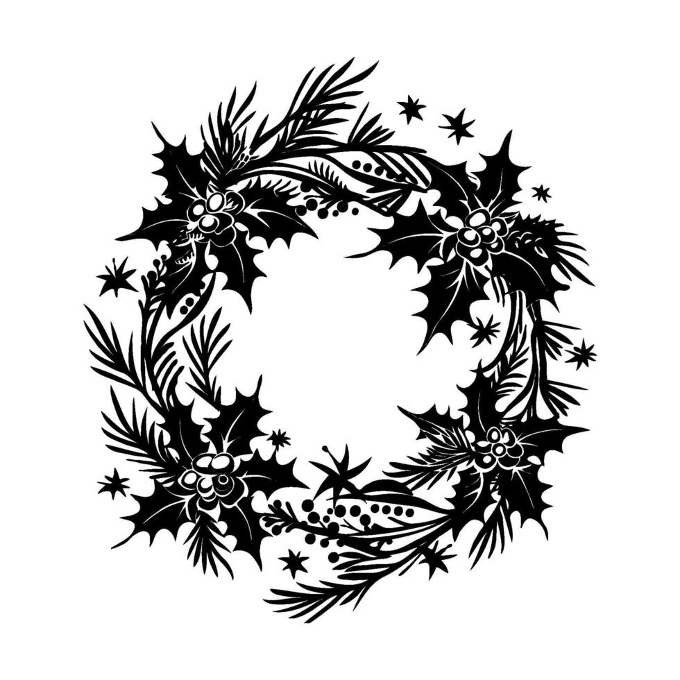 Decorative Christmas wreath with leaves, berries, and stars in black and white, isolated on a white background, sustainable Christmas concept. vector