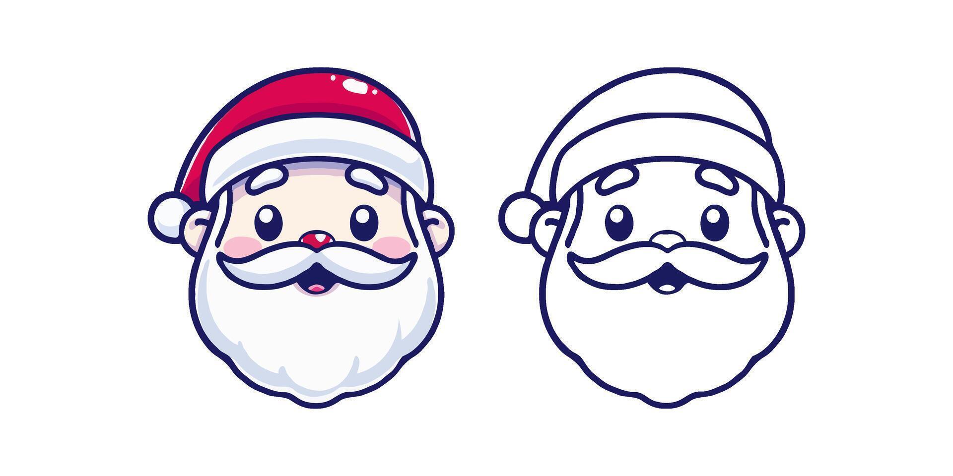 Cute Santa Claus face in color and outline style on white background. vector