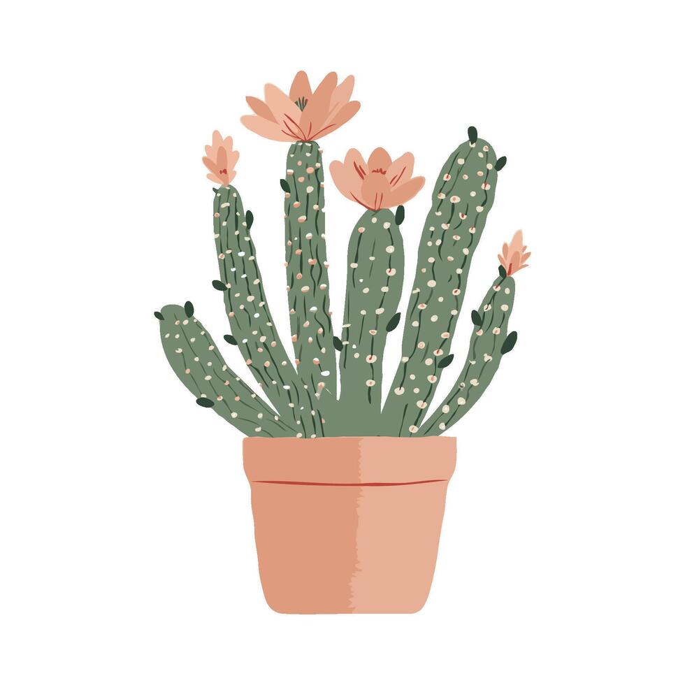 A blooming cactus in a terracotta pot drawn in a simple style on a white background, representing nature and indoor plant decor vector