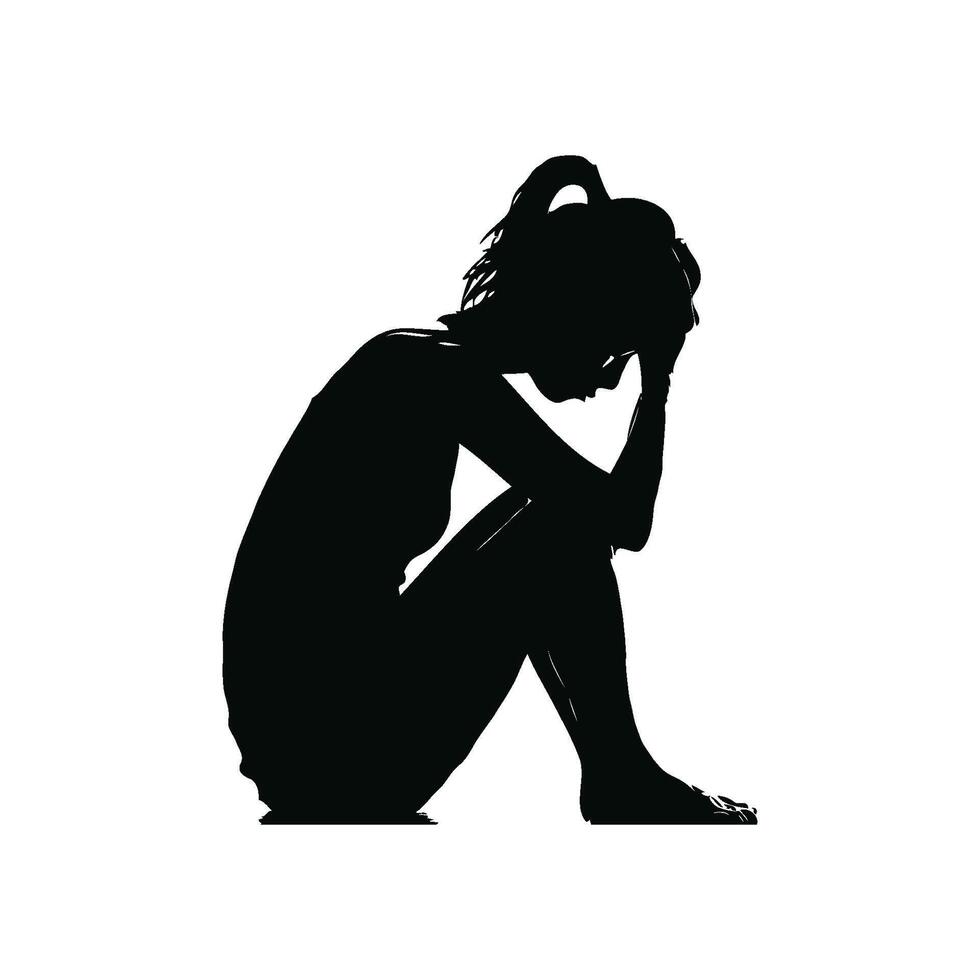 Black silhouette of a woman sitting with head in hands on white background. Concept of sadness, depression, loneliness, anxiety, despair, stress vector
