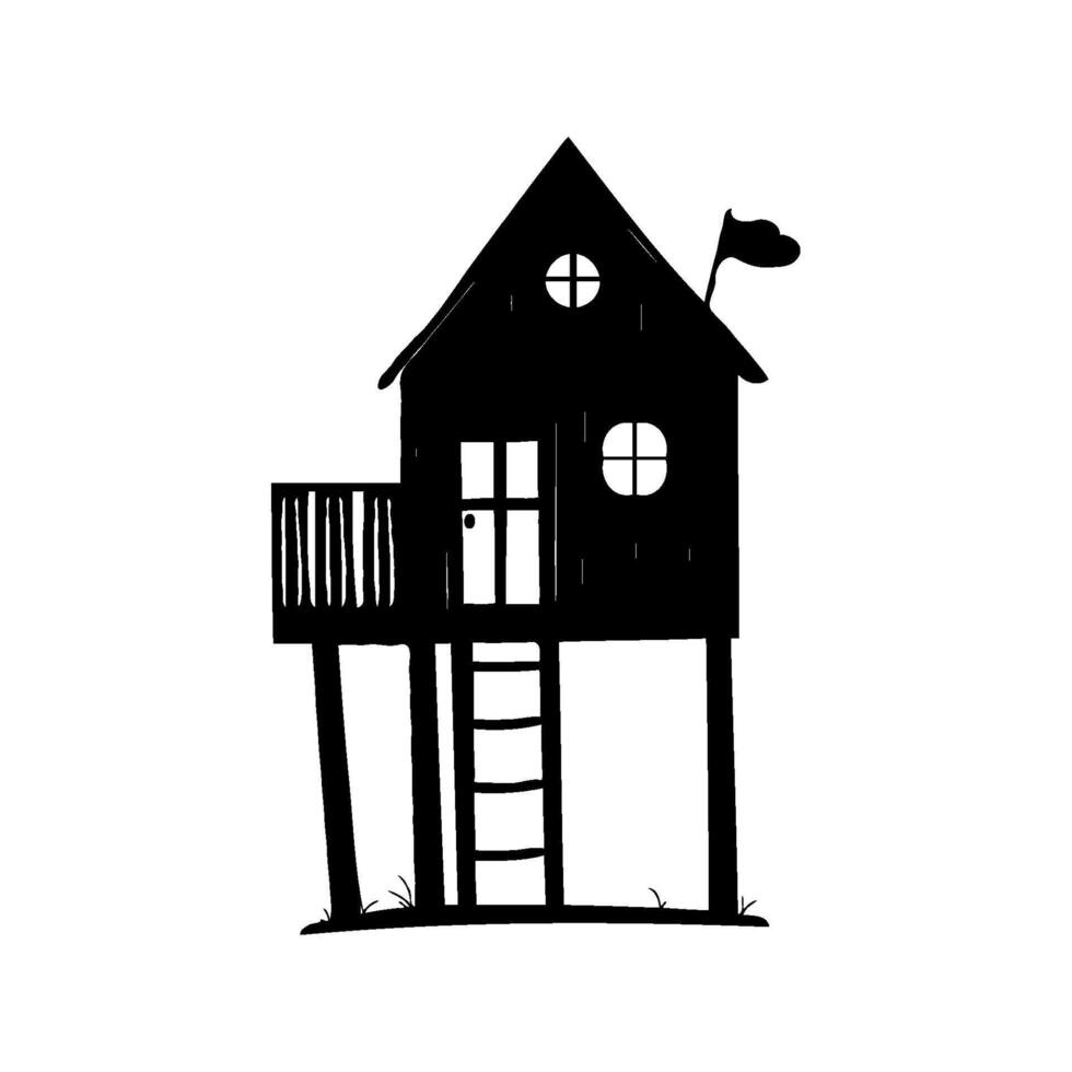 Black silhouette of a small treehouse with a ladder, balcony, and flag on a white background. Concept of childhood playhouse vector