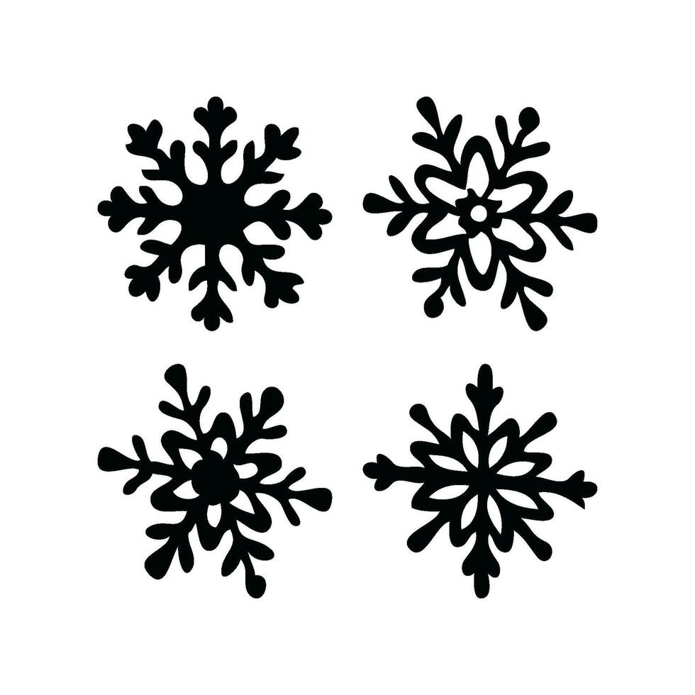 Four distinct black snowflake silhouettes in a minimalist style on a plain white background. Symbol Christmas of winter and holiday season. vector