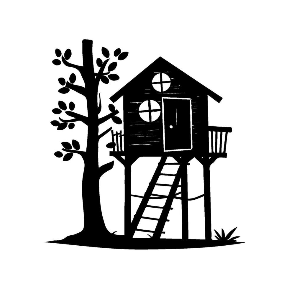 A black silhouette of a treehouse with a ladder and tree, minimalist design, isolated on a white background, concept of childhood adventure. Concept of childhood playhouse vector
