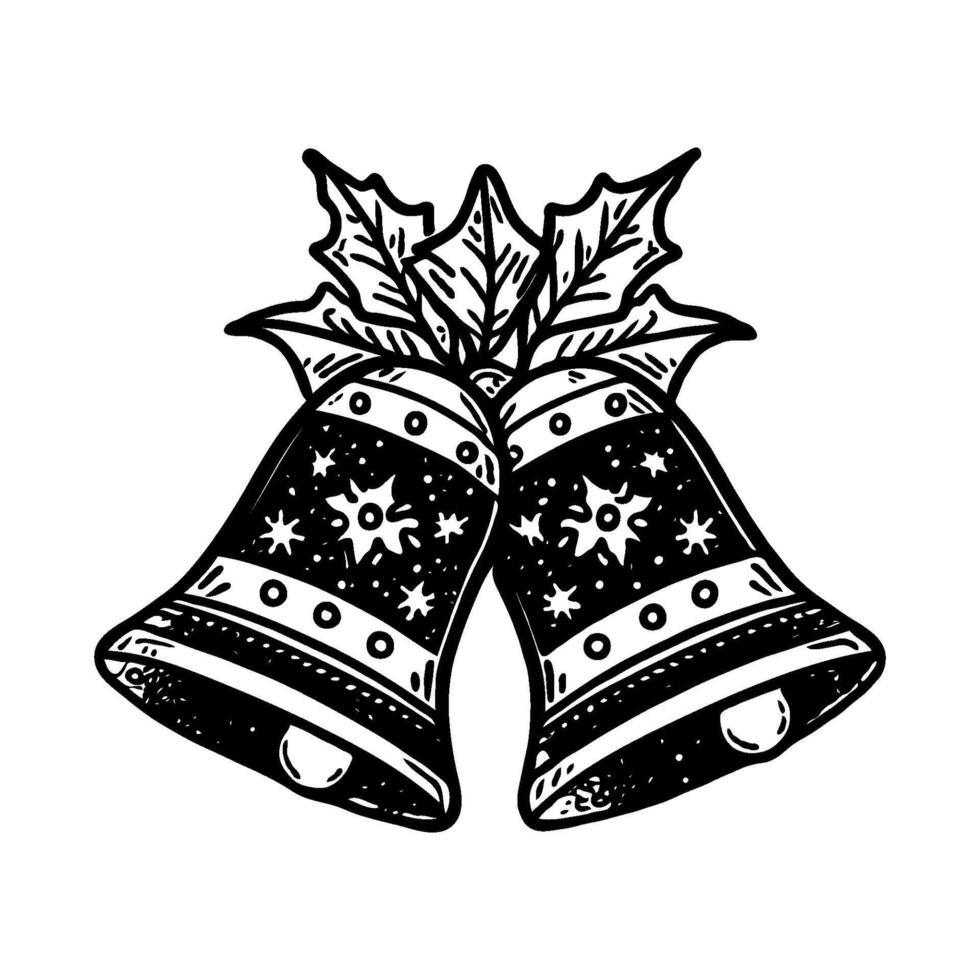 Two hand-drawn Christmas bells decorated with snowflakes and holly leaves, sketched in monochrome on white background, symbolizing holiday cheer vector