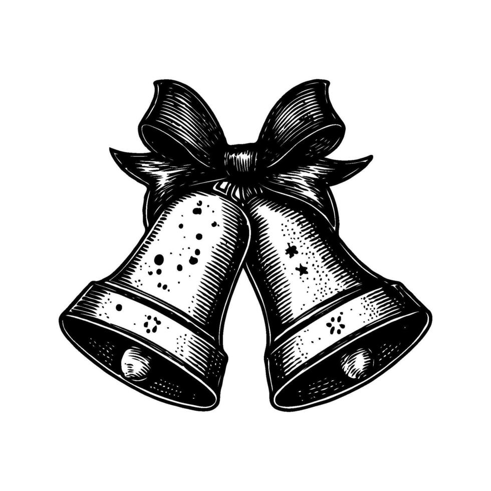 Two detailed Christmas bells tied with ribbon, hand-drawn engraving style on white background, symbolizing holiday and festive celebration vector