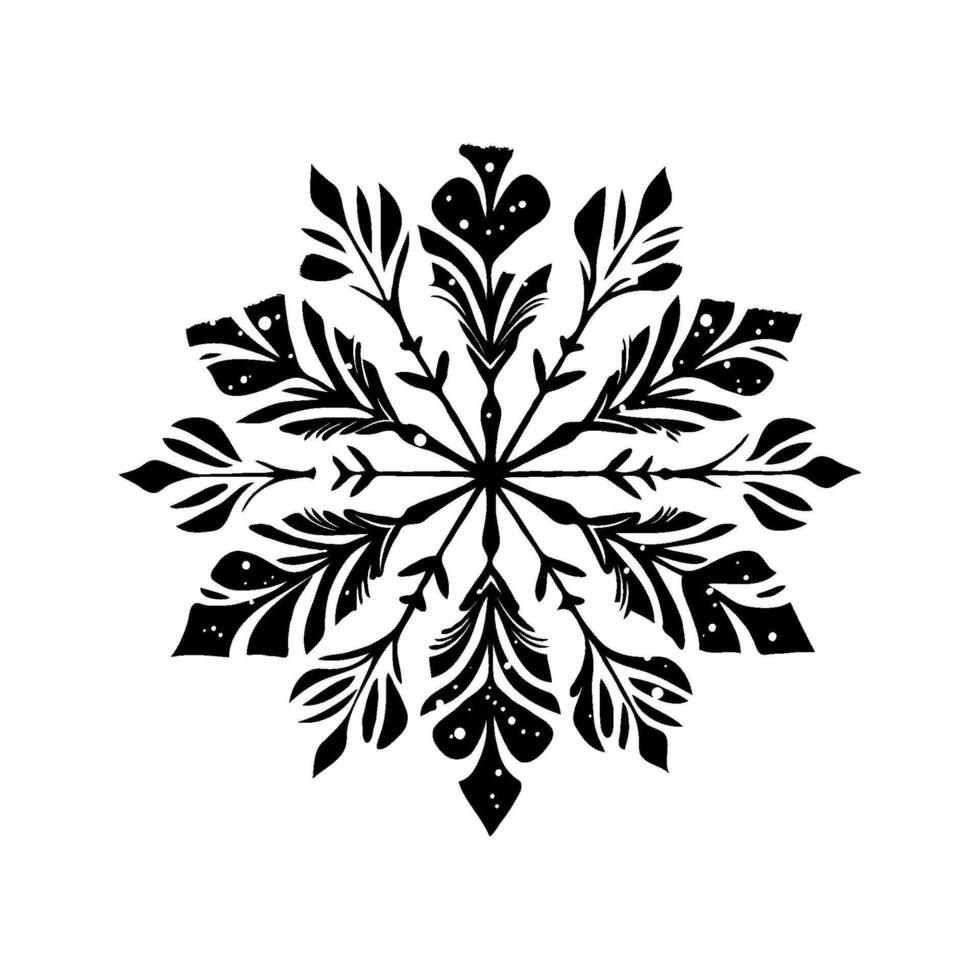 Black ornamental Christmas snowflake with botanical elements on white background. vector
