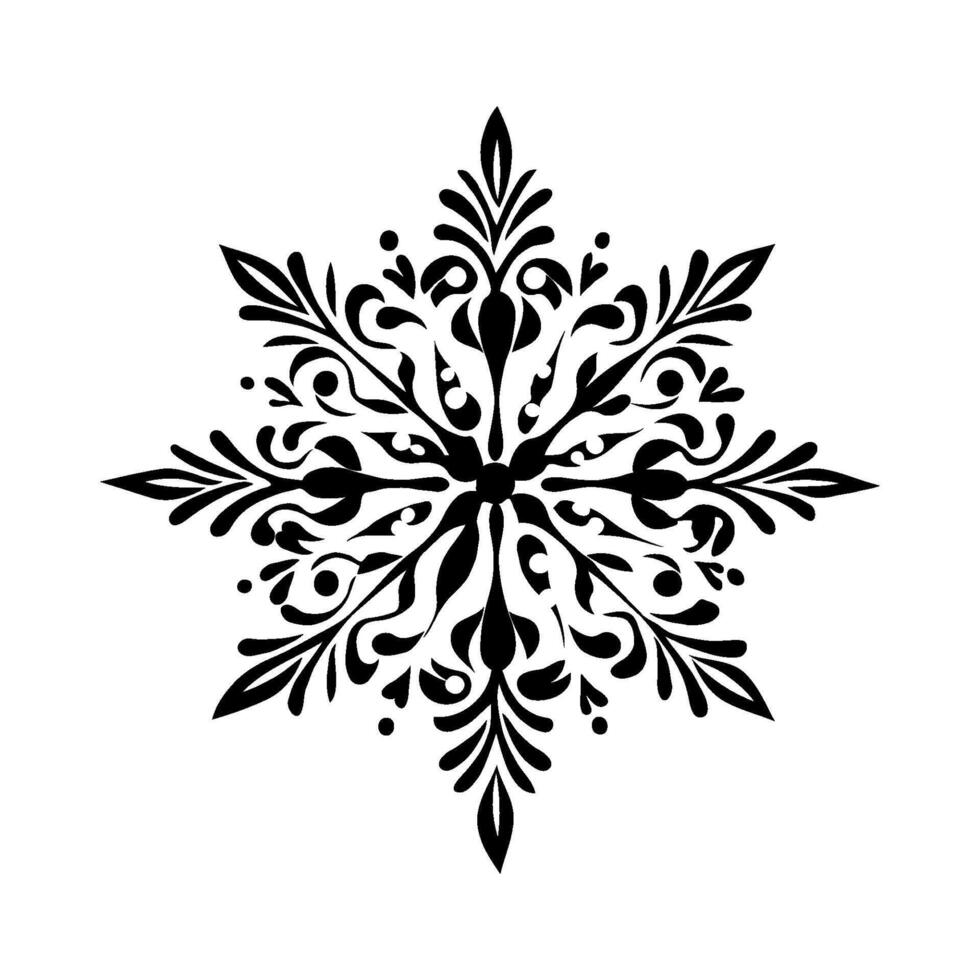 Intricate black Christmas snowflake ornament on white background in decorative style. vector