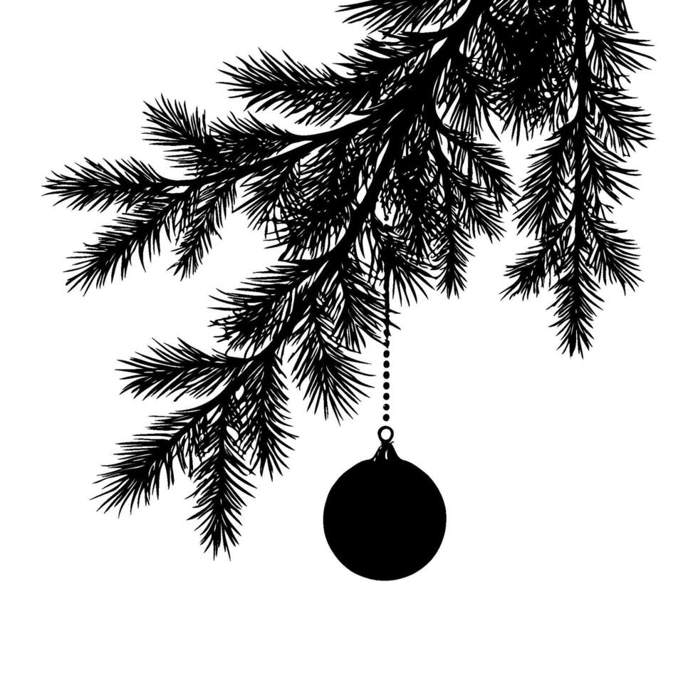 Silhouette of pine tree branches with a Christmas ornament hanging, black graphic style, isolated on white, symbolizing holiday decoration vector