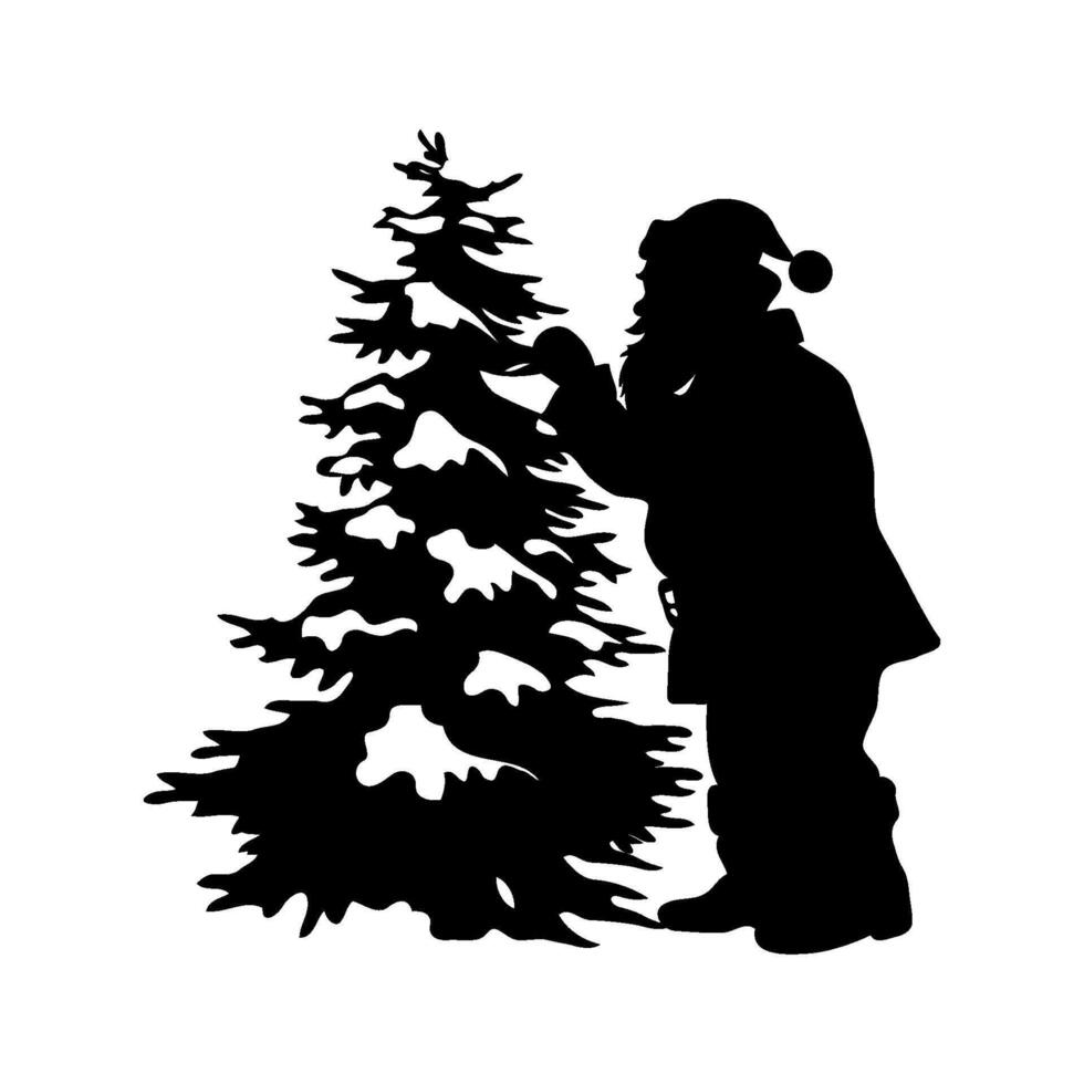 Santa Claus decorating Christmas tree in silhouette style on white background. vector