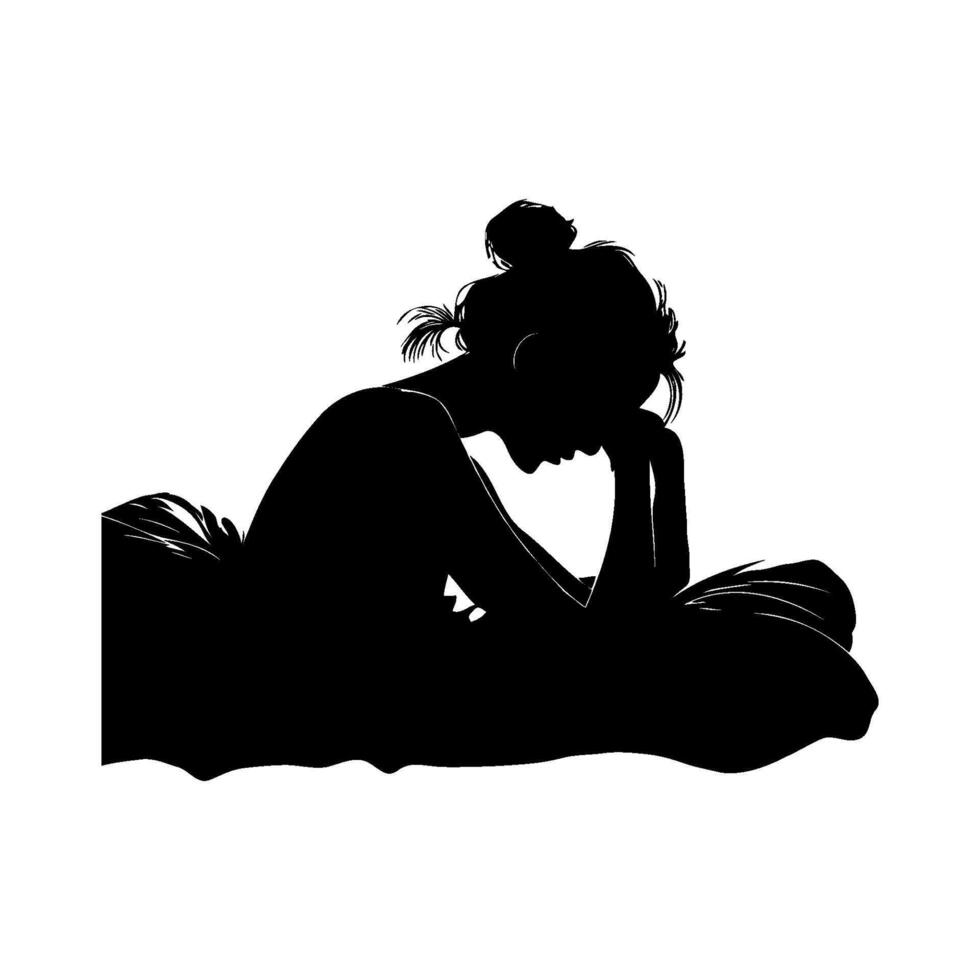 A silhouette of a sad woman sitting on a bed, head resting on her hand, on a white background. Concept of depression, grief, and loneliness vector