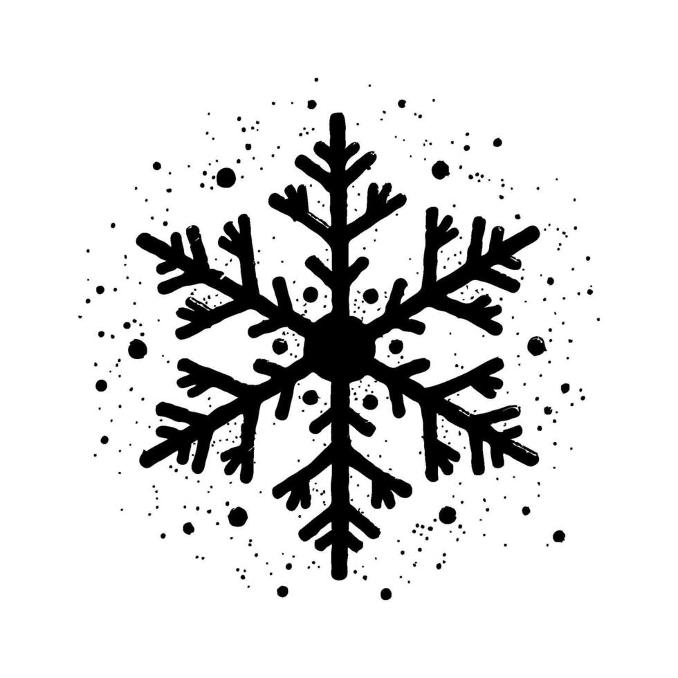 Stylized black Christmas snowflake with ink splatter effect, hand-drawn style on white background, representing winter and seasonal design vector