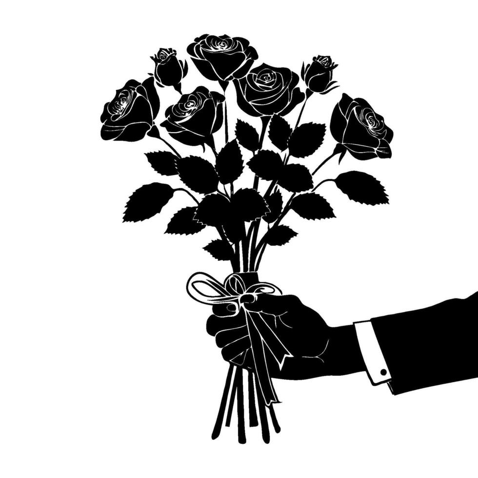 Silhouette of a man's hand presenting a bouquet of roses tied with ribbon, in graphic black and white style on a plain background, symbolizing romance flower delivery vector