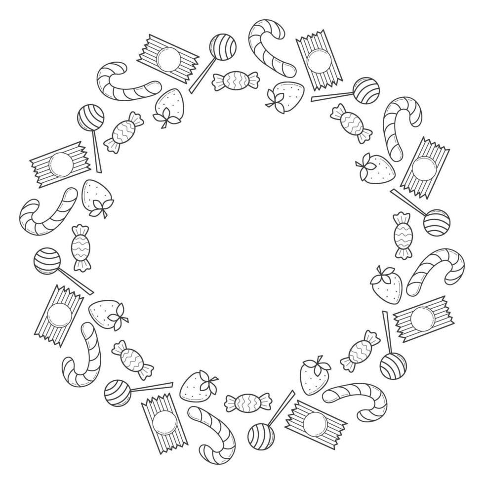 Delicious candy round frame doodle sketch style. vector