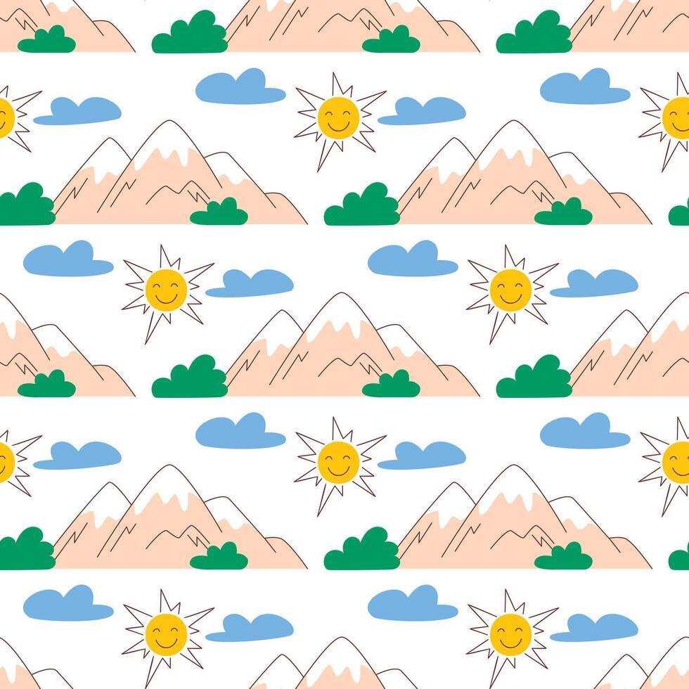 Snow capped mountains with sun and clouds seamless pattern vector