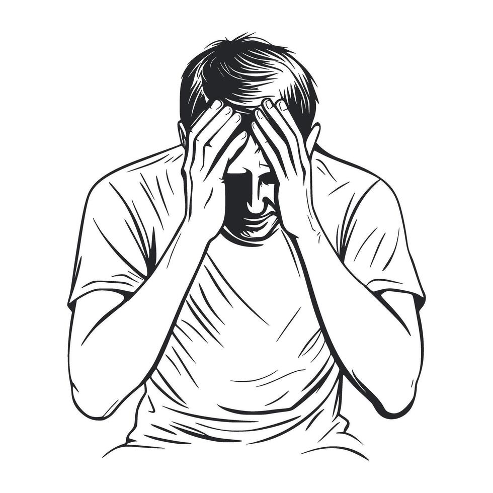 Upset and depressed man holding head black silhouette on white background vector