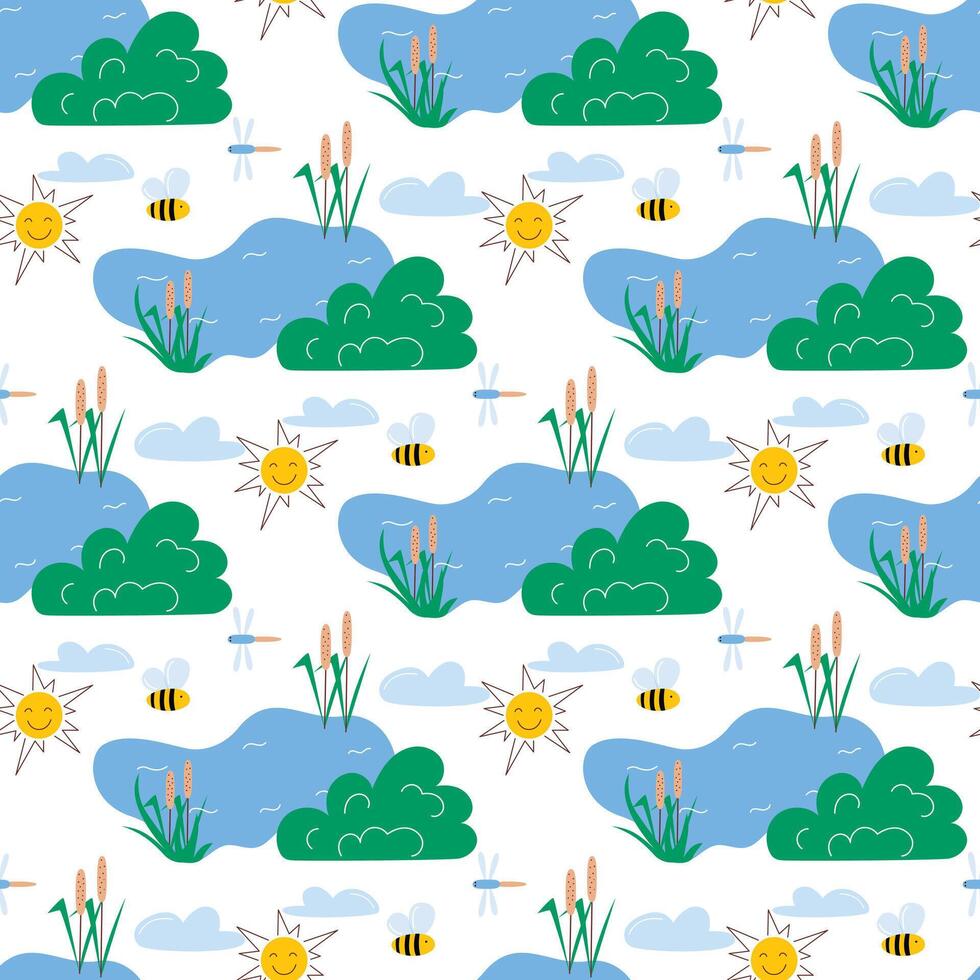 Lake with reeds and flying insects on clear sunny day background vector