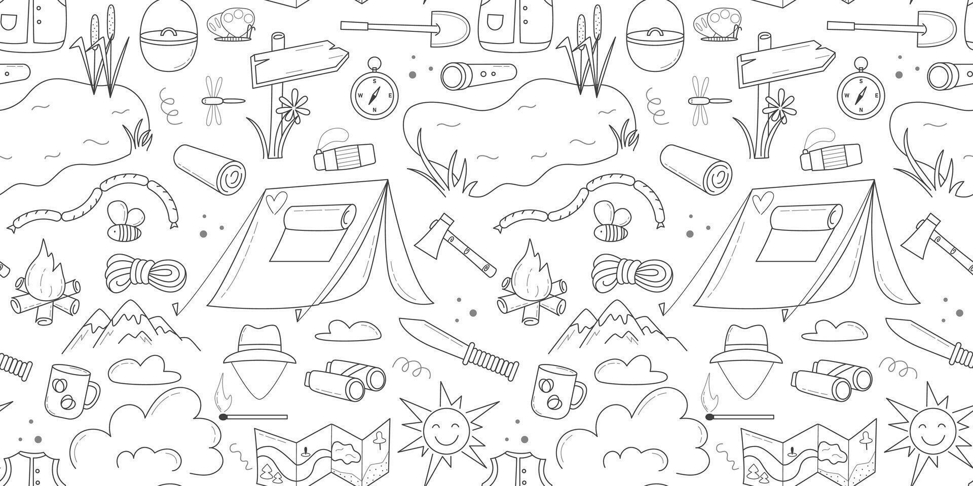 Camping doodle sketch style seamless pattern vector