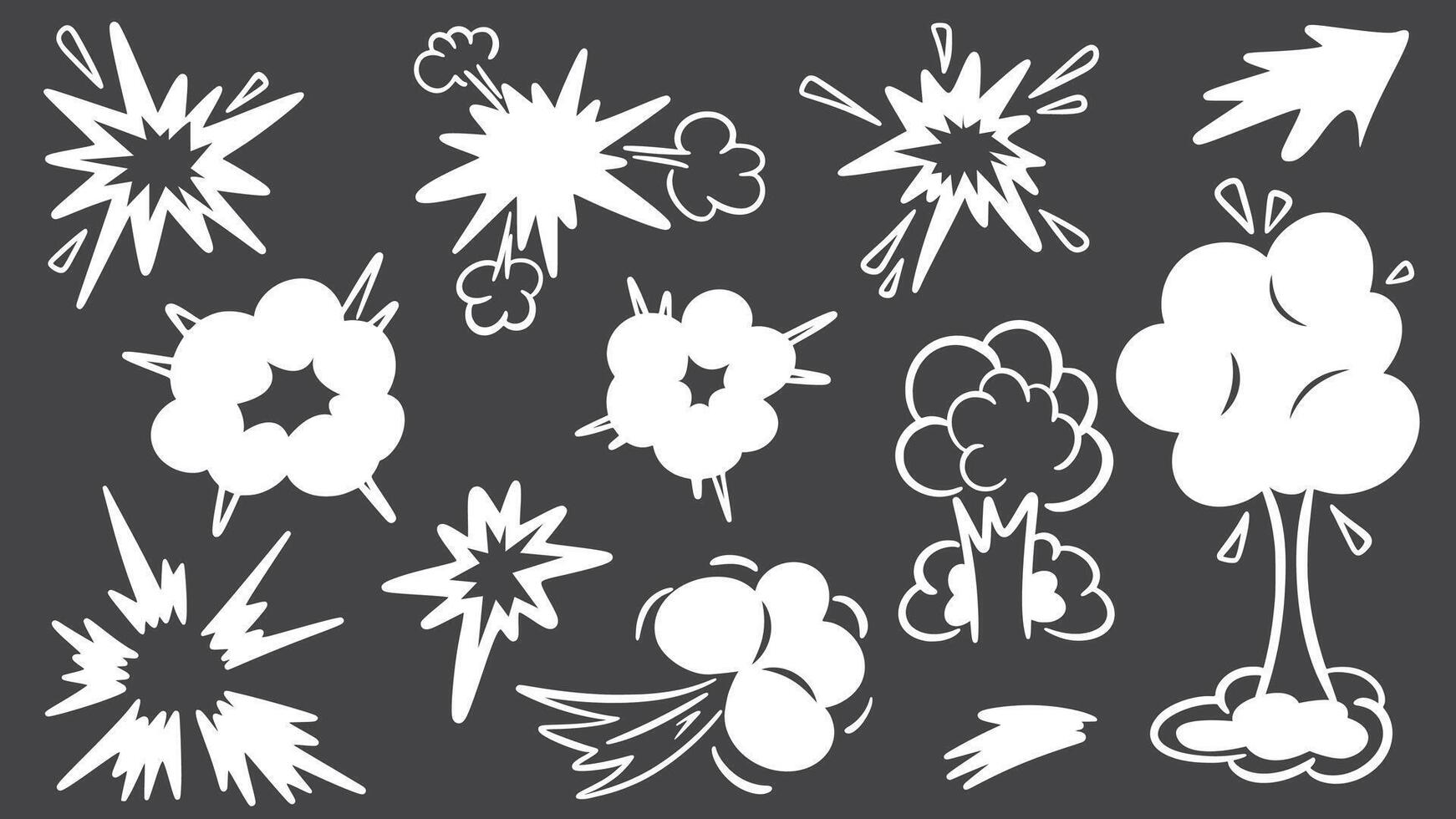 White explosion clouds on black background set vector