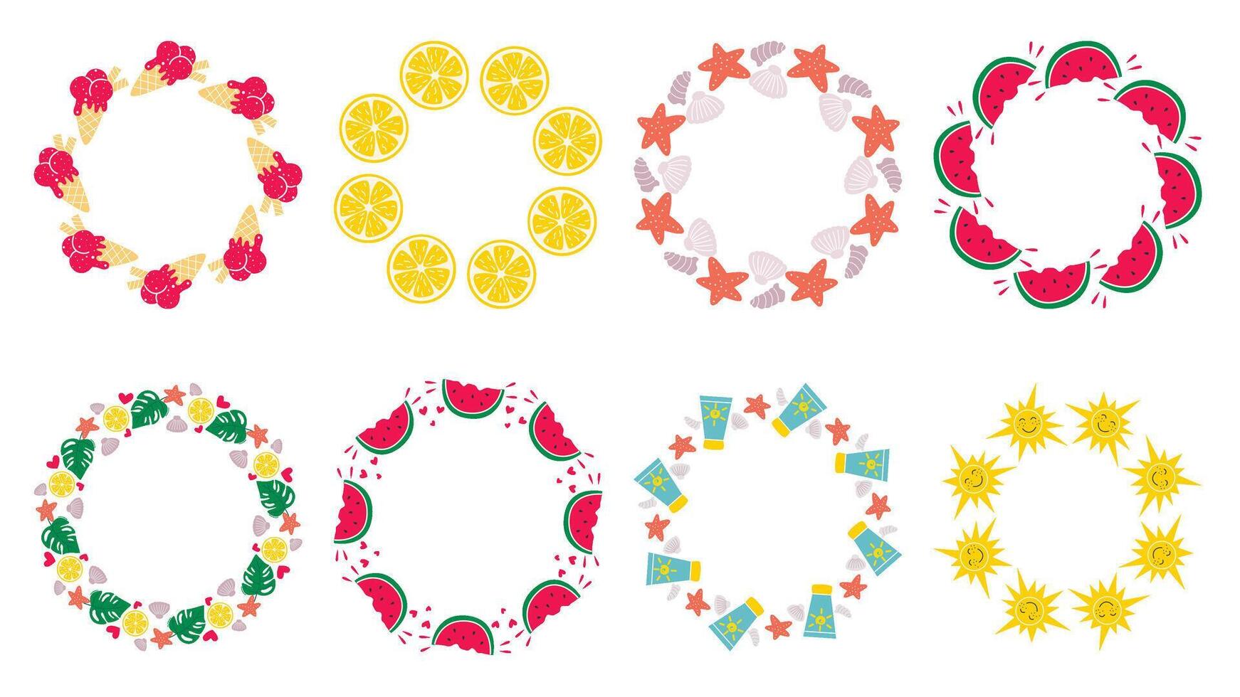 Set of round frames made of colorful fruits, shells and sun vector