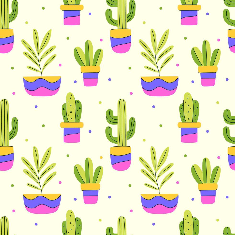 A colorful pattern of cacti and potted plant vector