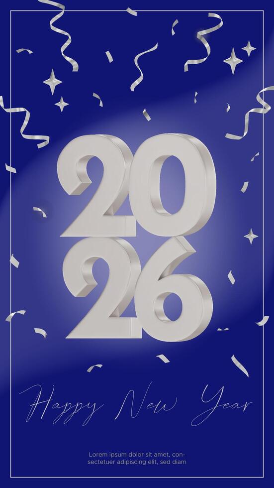Happy New Year 2026. Vertical greeting card. New modern 3d design. White silver 2026 with on dark blue textile background. Template for New Year banners, flyers, greeting cards vector