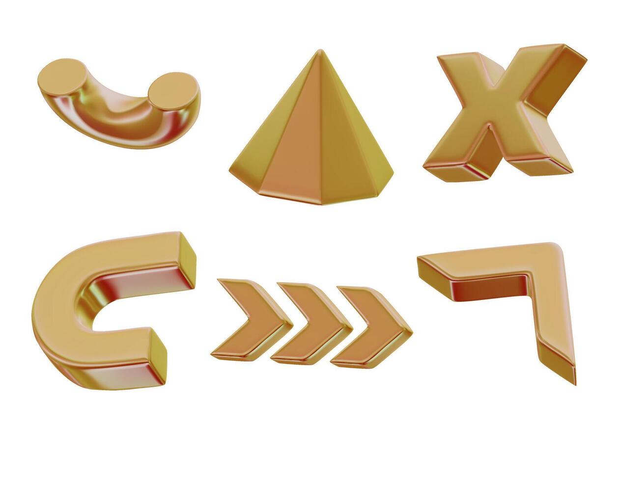 3D realistic render gold figures. Yellow metallic design objects. decorative geometric shapes. Pyramid, Arrows, Cross, Half of torus. Isolated on a white background vector